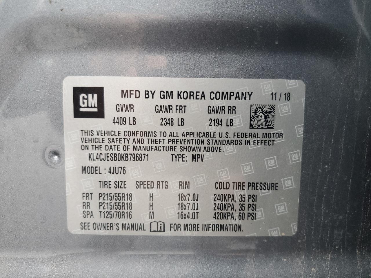 2019 Buick Encore Preferred VIN: KL4CJESB0KB796871 Lot: 65521164