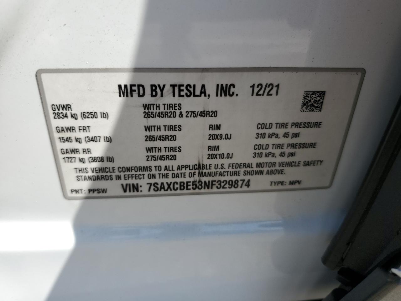 2022 Tesla Model X VIN: 7SAXCBE53NF329874 Lot: 68720534