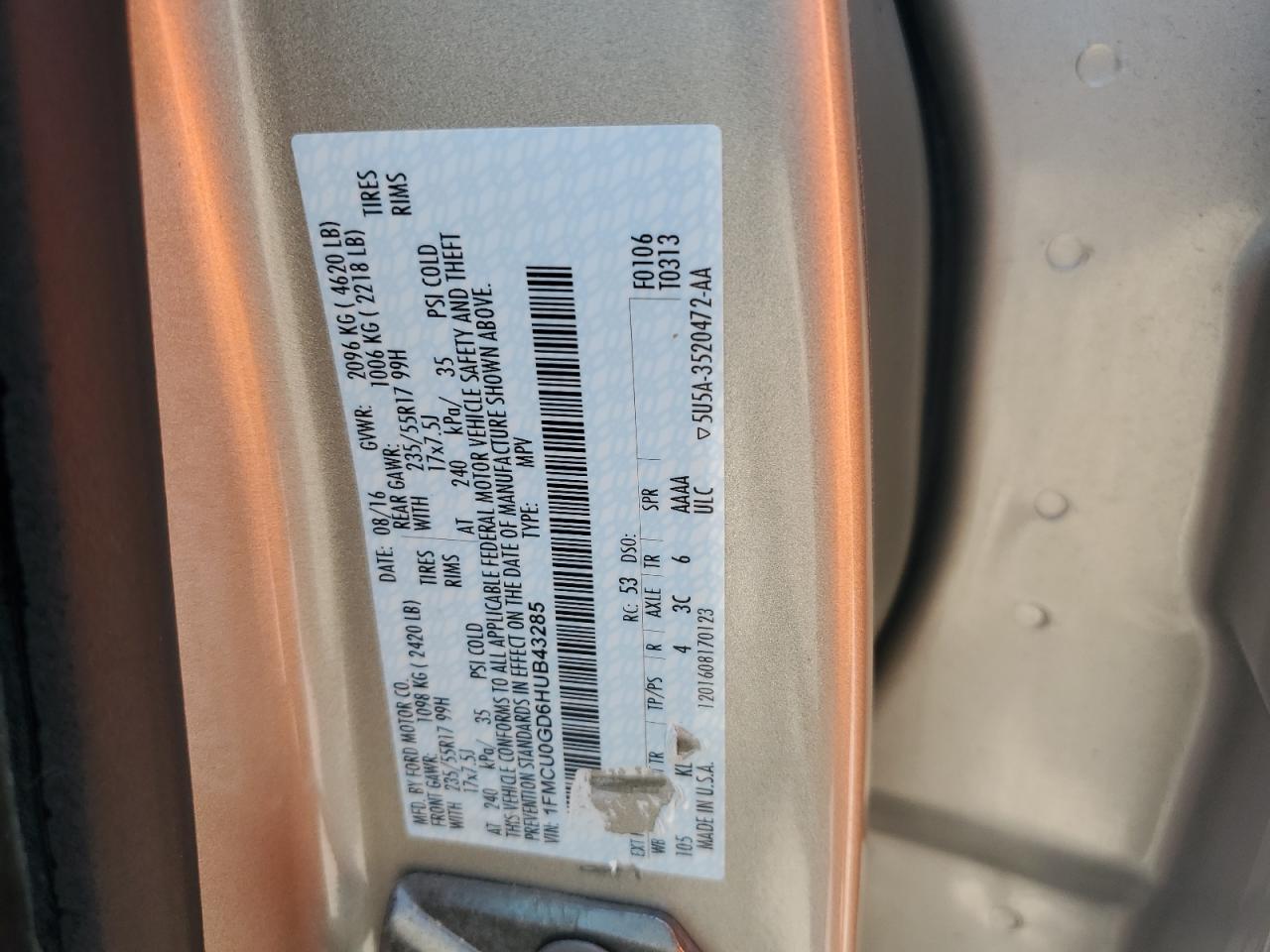 2017 Ford Escape Se VIN: 1FMCU0GD6HUB43285 Lot: 66000574