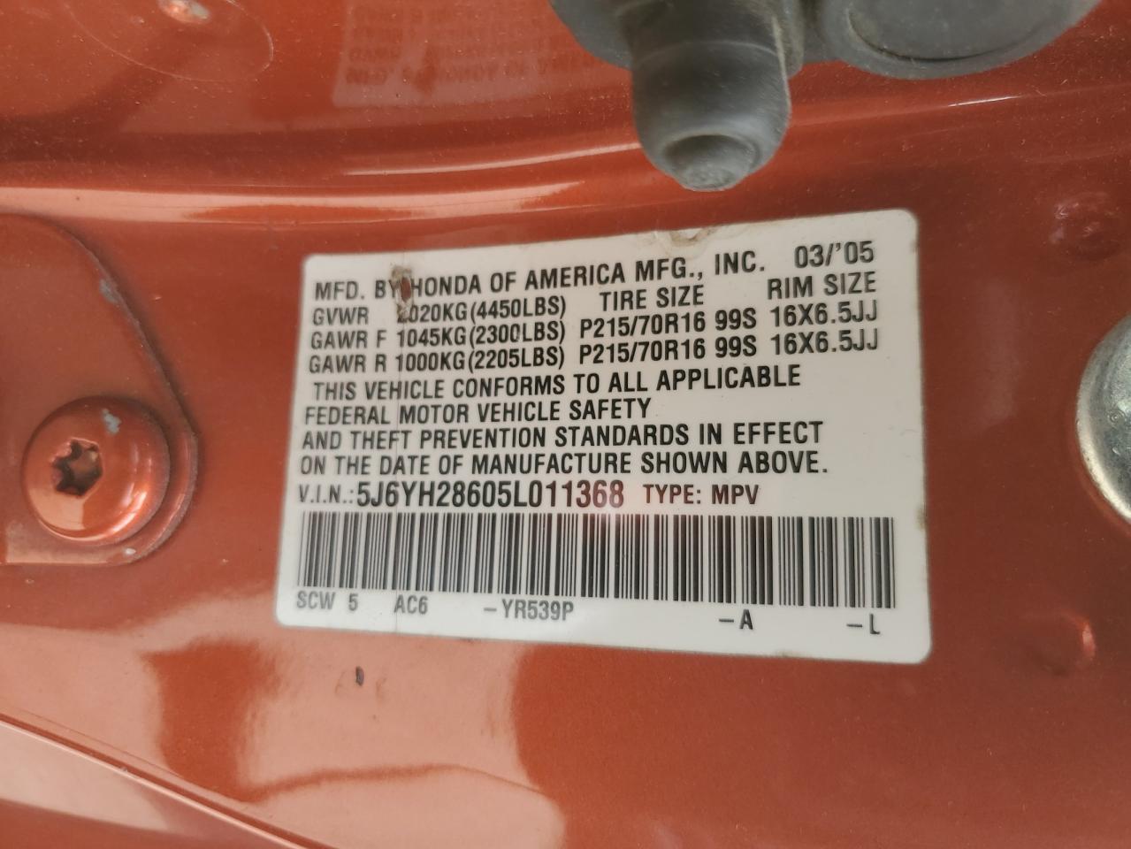 2005 Honda Element Ex VIN: 5J6YH28605L011368 Lot: 68131424