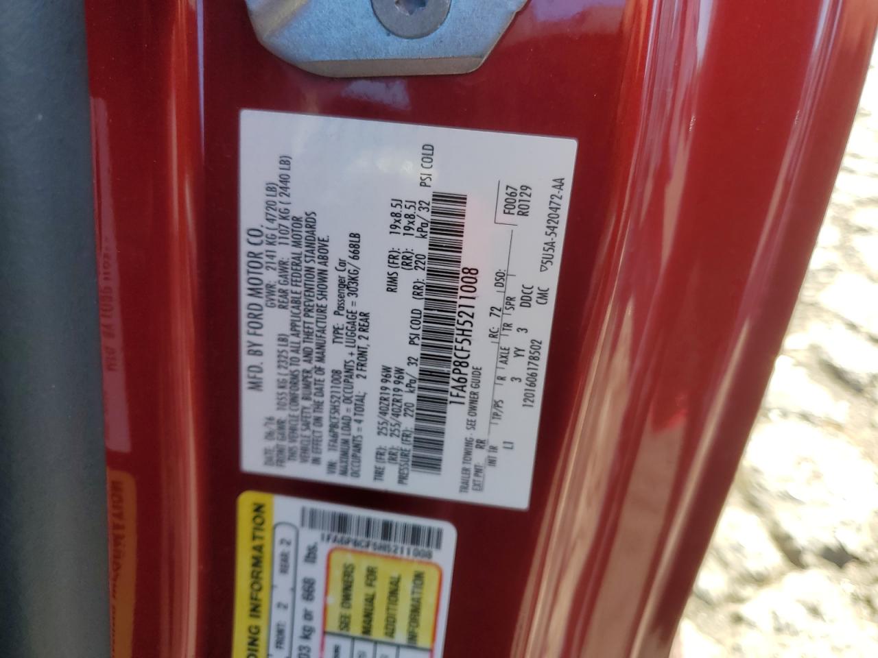 2017 Ford Mustang Gt VIN: 1FA6P8CF5H5211008 Lot: 67150104