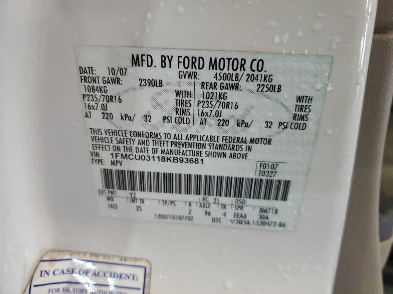 2008 Ford Escape Xlt VIN: 1FMCU03118KB93681 Lot: 66498054