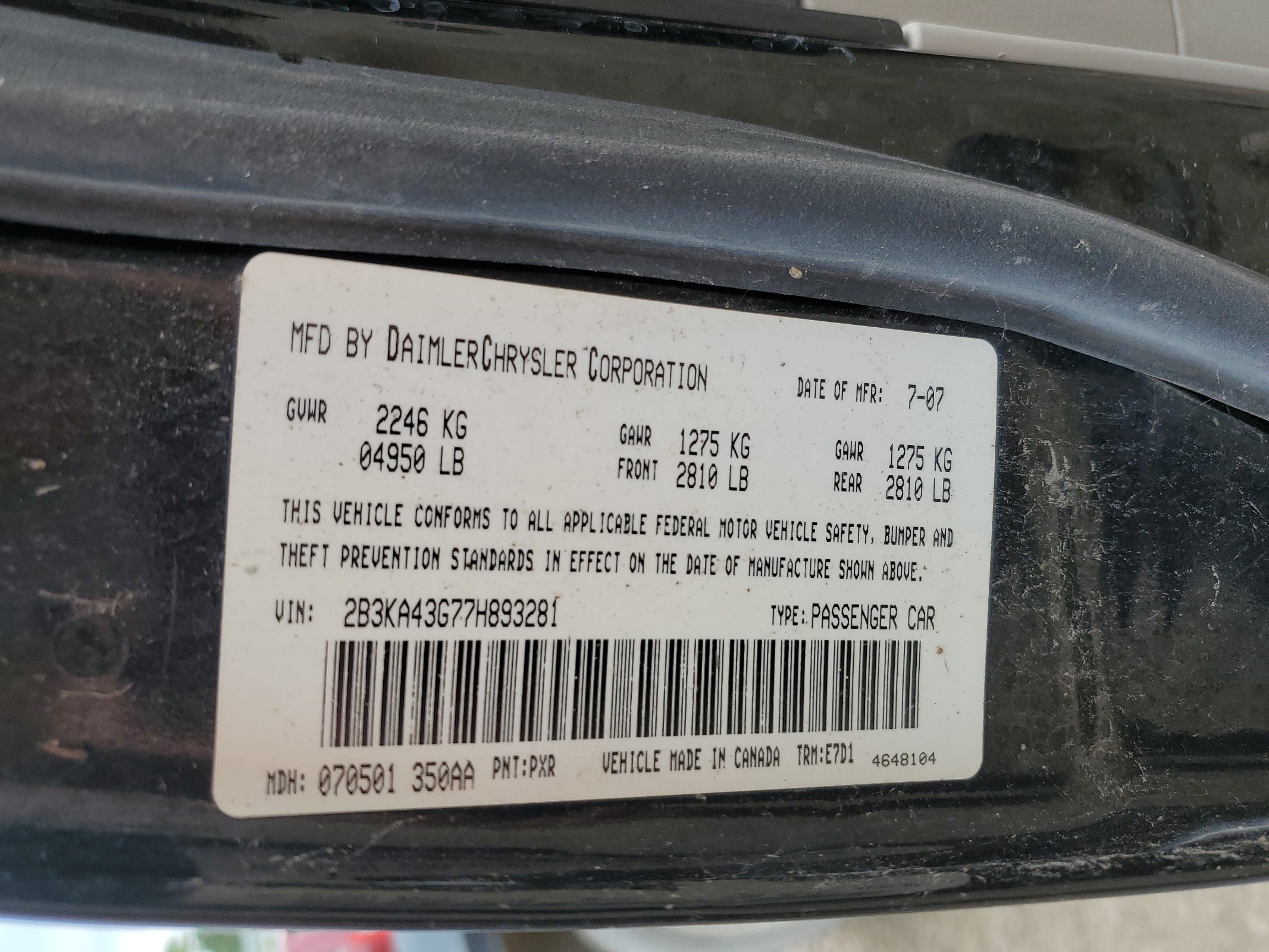 2B3KA43G77H893281 2007 Dodge Charger Se