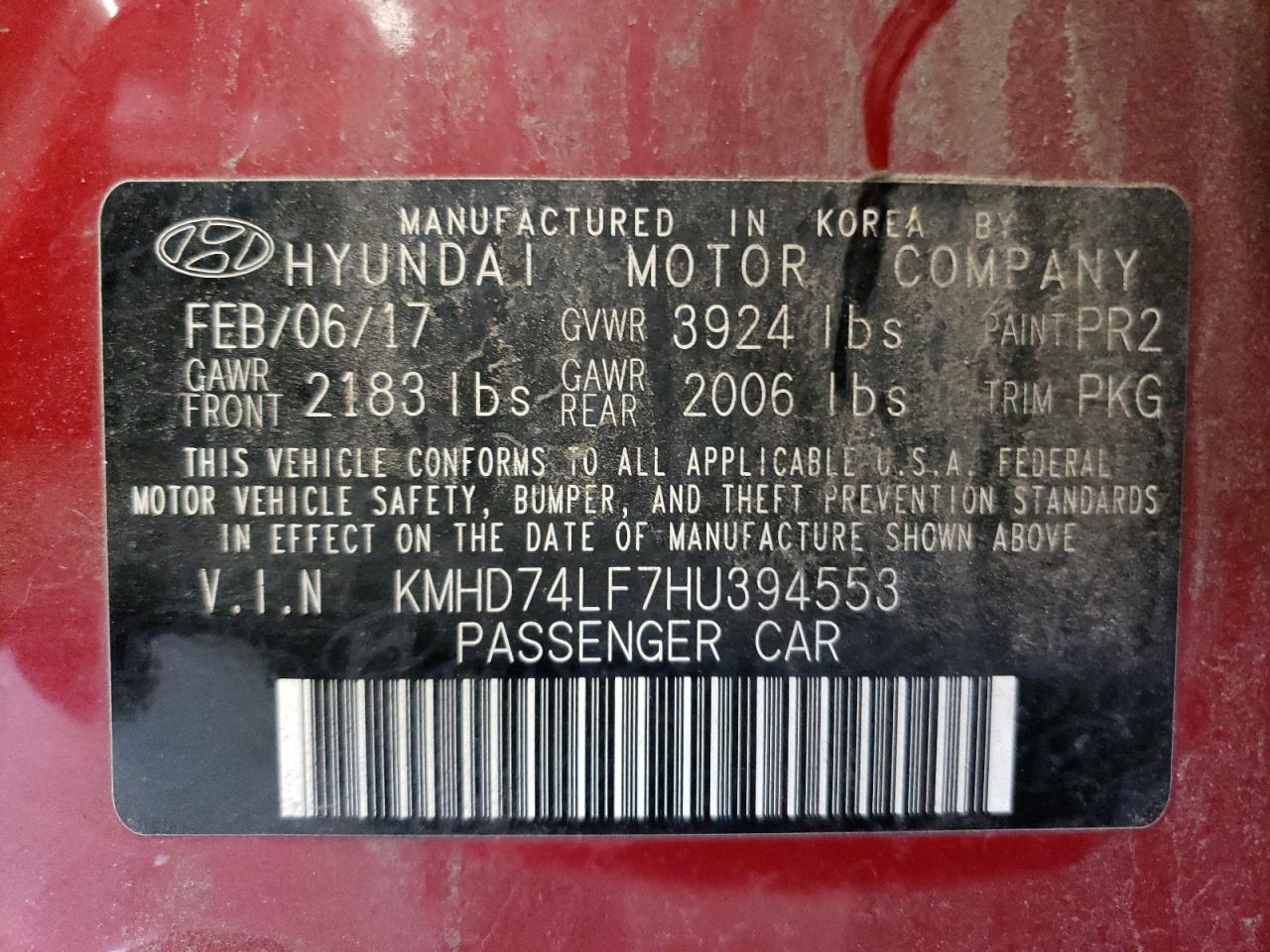 2017 Hyundai Elantra Se VIN: KMHD74LF7HU394553 Lot: 67718264