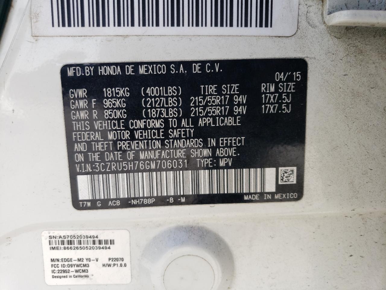 2016 Honda Hr-V Exl VIN: 3CZRU5H76GM706031 Lot: 66000484