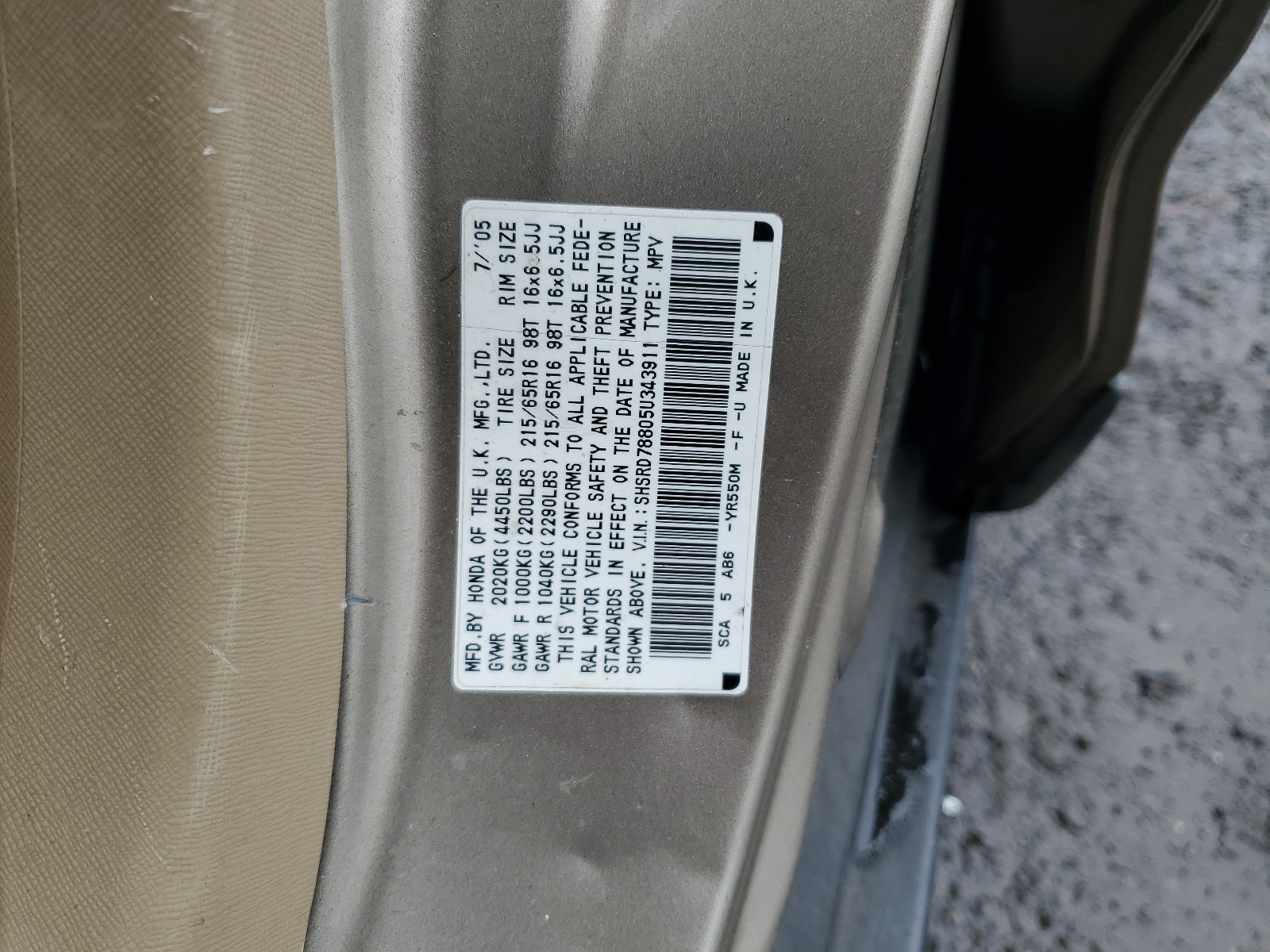 SHSRD78805U343911 2005 Honda Cr-V Ex