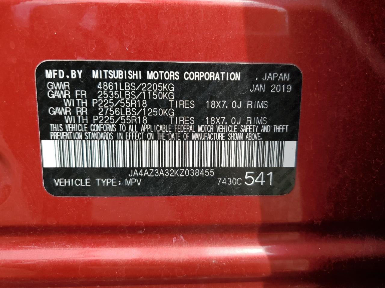 2019 Mitsubishi Outlander Se VIN: JA4AZ3A32KZ038455 Lot: 65833534