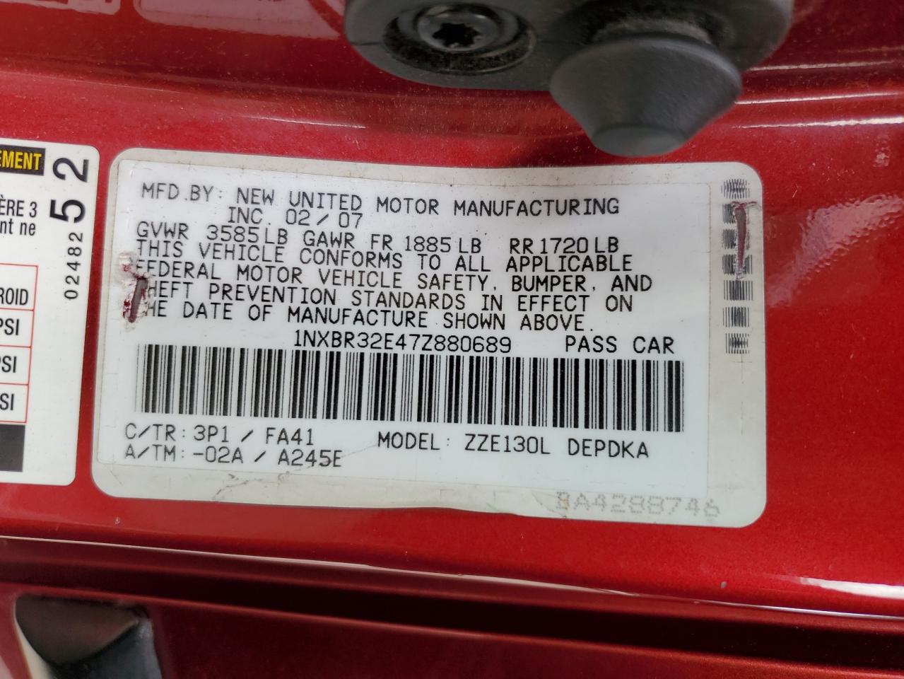 2007 Toyota Corolla Ce VIN: 1NXBR32E47Z880689 Lot: 68844264