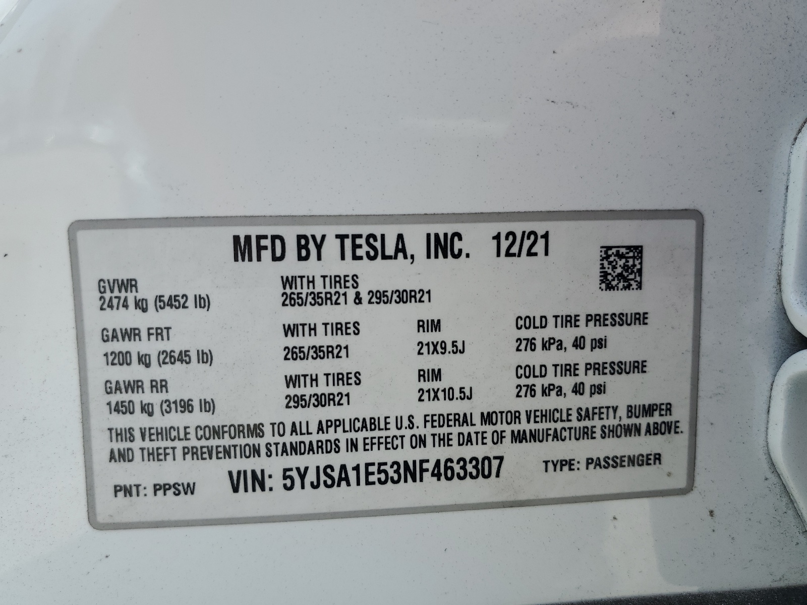 5YJSA1E53NF463307 2022 Tesla Model S