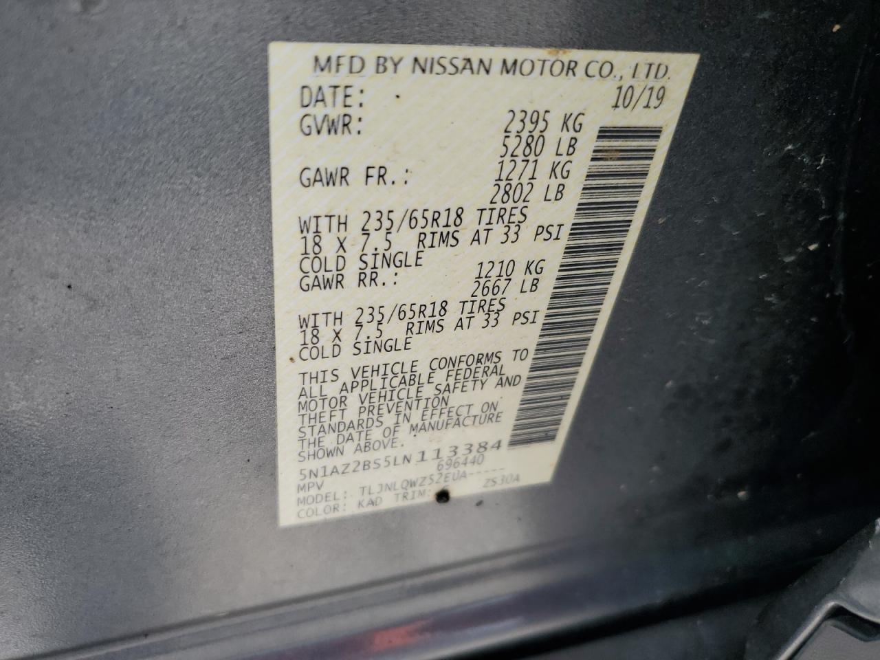 2020 Nissan Murano Sv VIN: 5N1AZ2BS5LN113384 Lot: 67093544