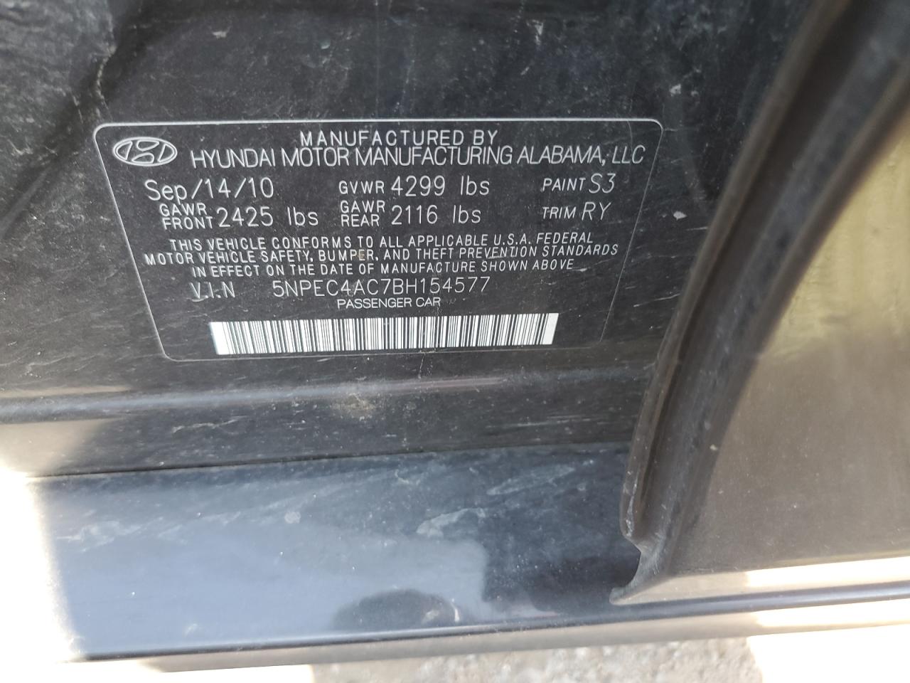 5NPEC4AC7BH154577 2011 Hyundai Sonata Se