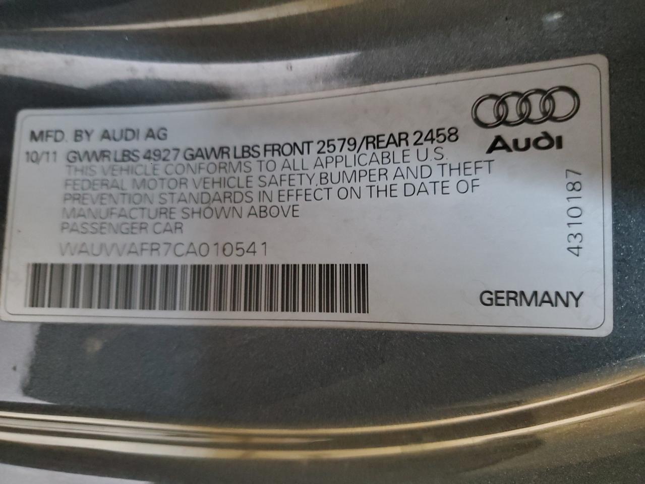 2012 Audi S5 Prestige VIN: WAUVVAFR7CA010541 Lot: 66502514