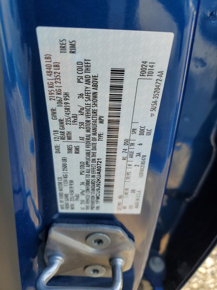 2019 Ford Escape Titanium VIN: 1FMCU9J92KUA80721 Lot: 66774324