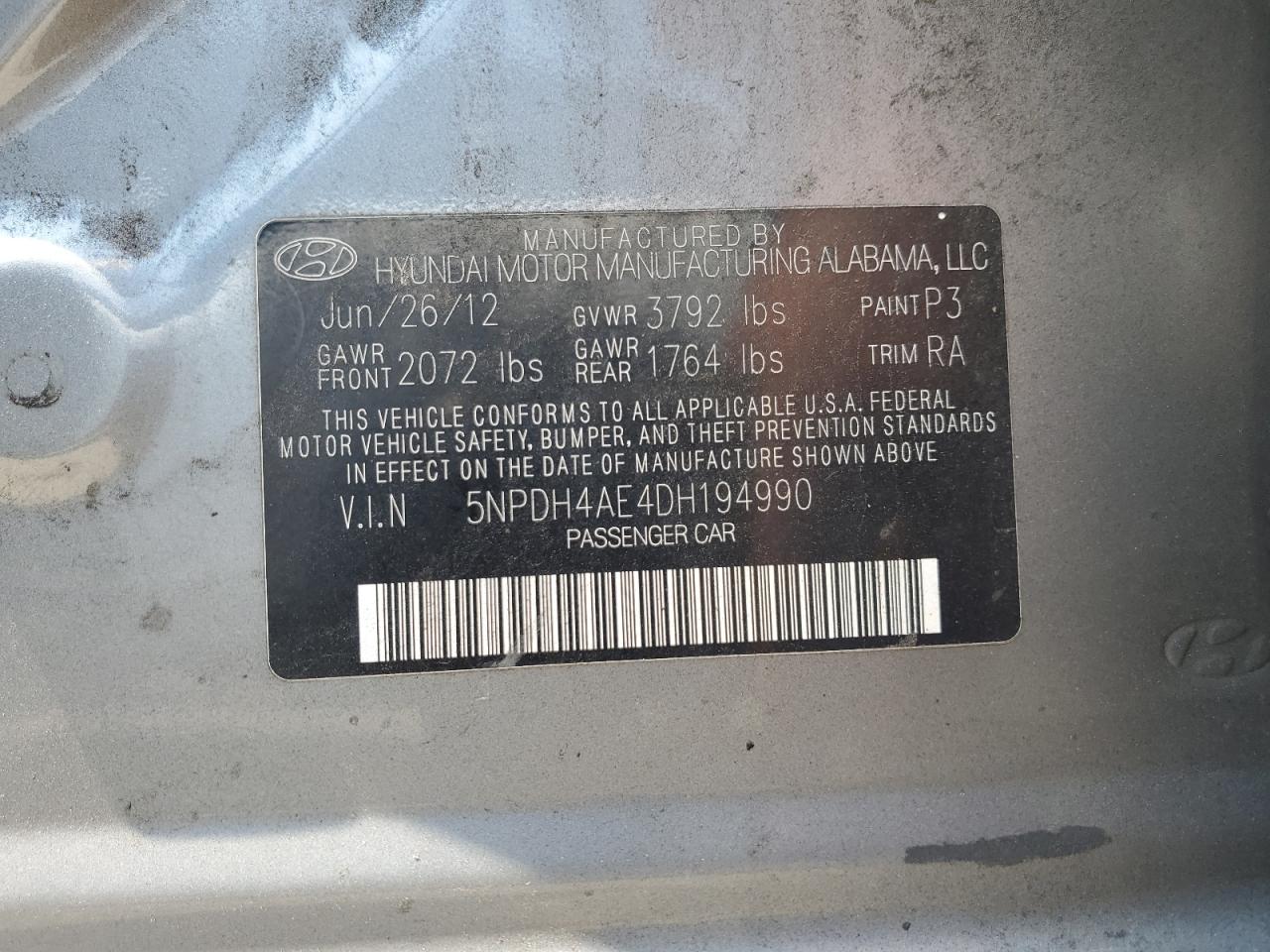 2013 Hyundai Elantra Gls VIN: 5NPDH4AE4DH194990 Lot: 65195994