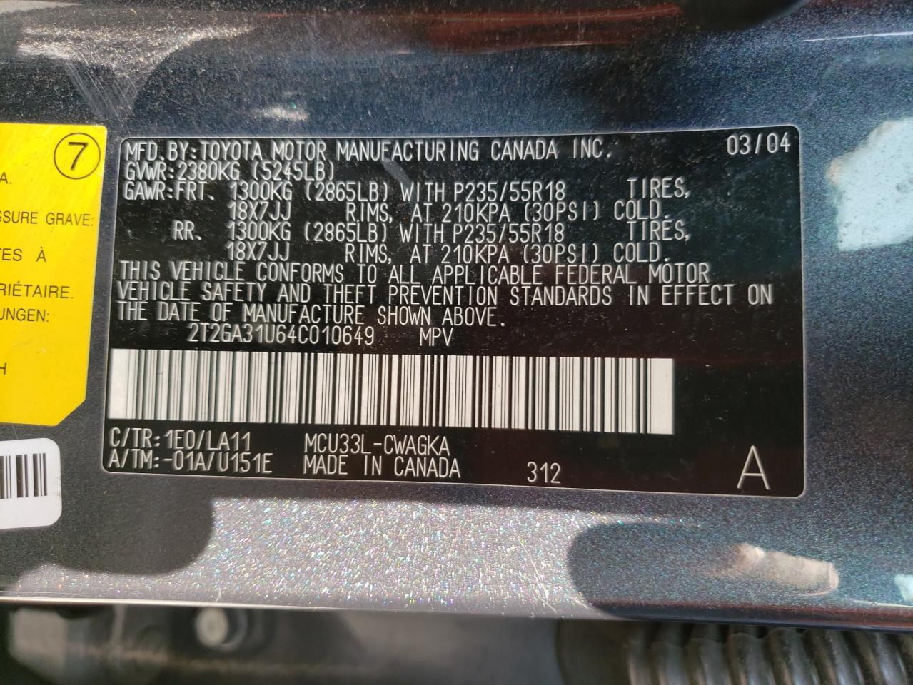 2004 Lexus Rx 330 VIN: 2T2GA31U64C010649 Lot: 65544554