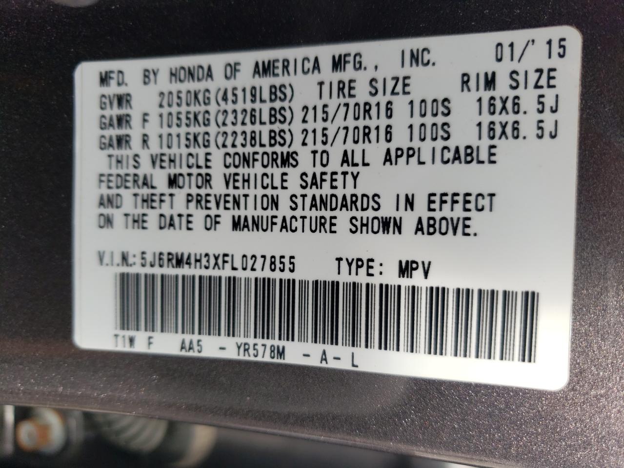 2015 Honda Cr-V Lx VIN: 5J6RM4H3XFL027855 Lot: 66623304