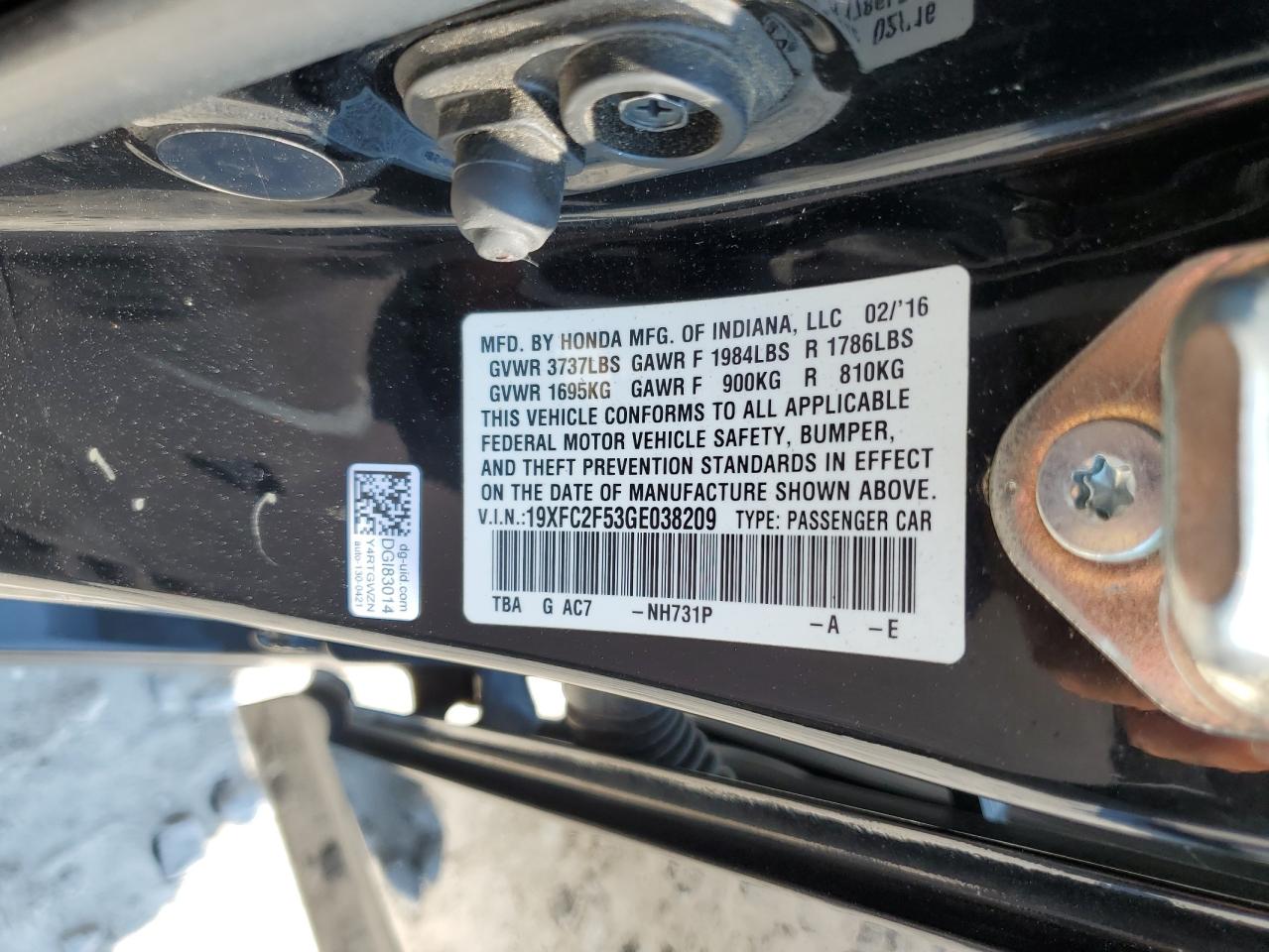 19XFC2F53GE038209 2016 Honda Civic Lx 19XFC2F53GE038209 2016 Honda Civic Lx