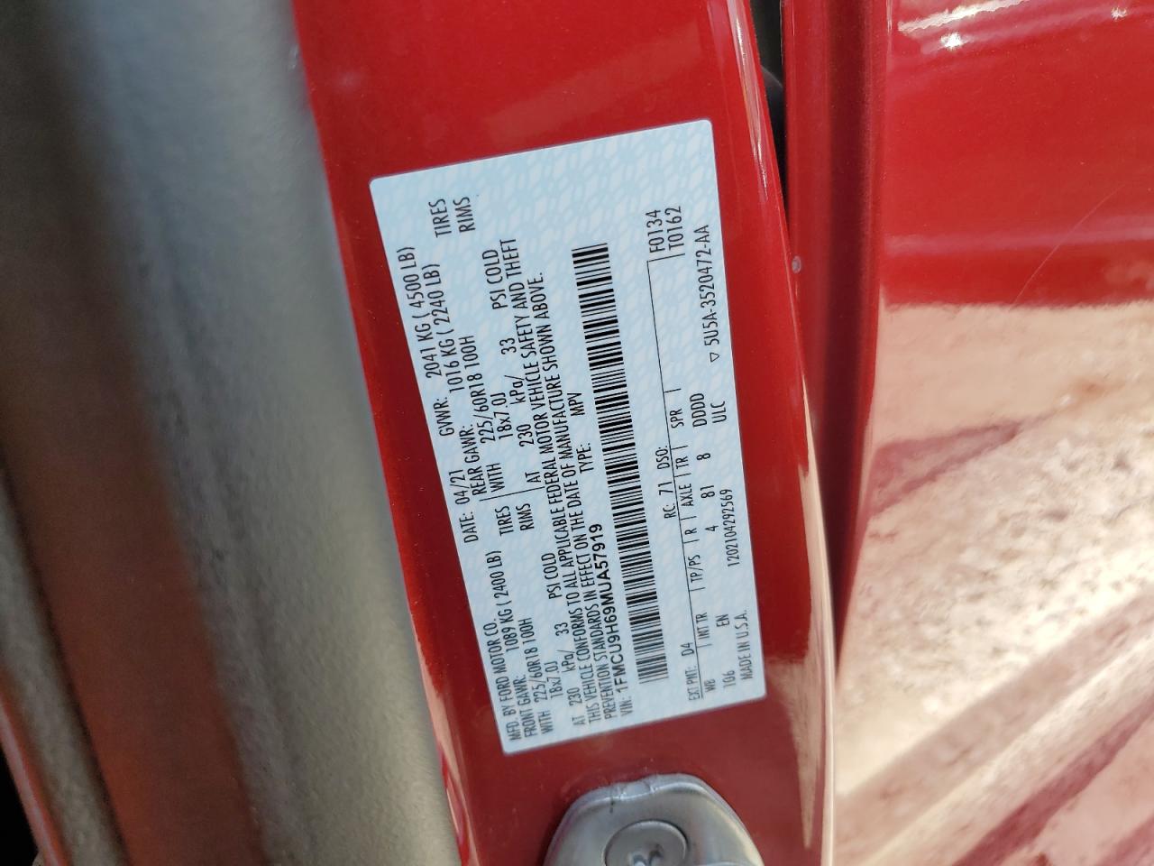 2021 Ford Escape Sel VIN: 1FMCU9H69MUA57919 Lot: 68576764