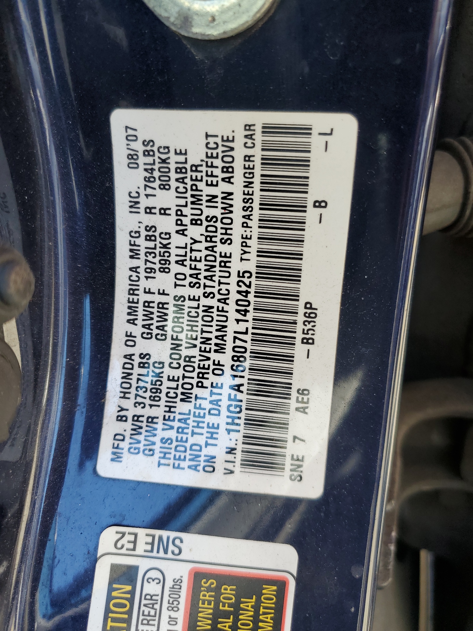 1HGFA16807L140425 2007 Honda Civic Ex