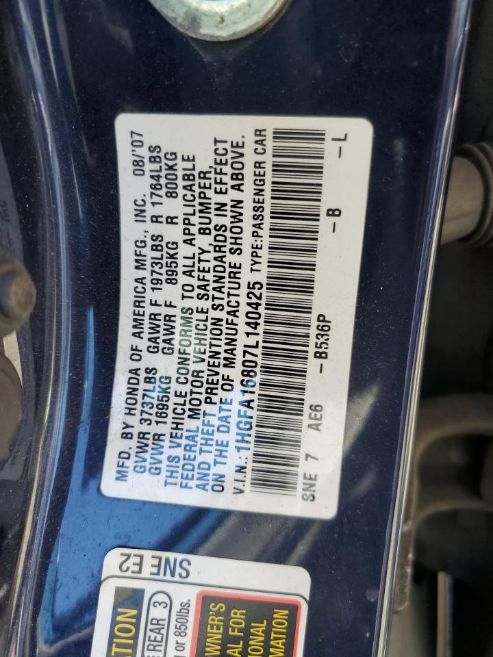 2007 Honda Civic Ex VIN: 1HGFA16807L140425 Lot: 66703724
