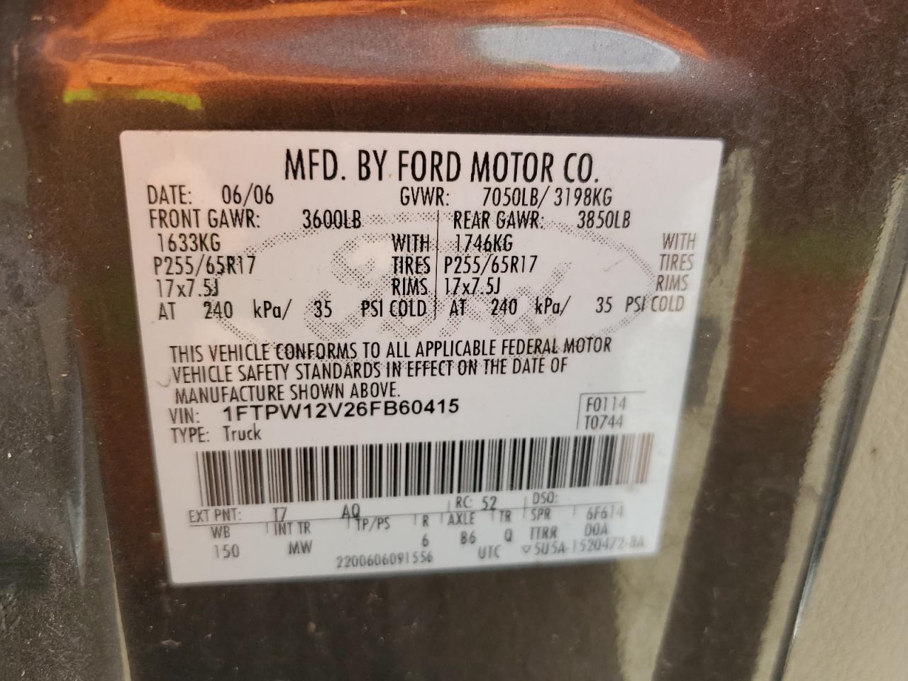 1FTPW12V26FB60415 2006 Ford F150 Supercrew