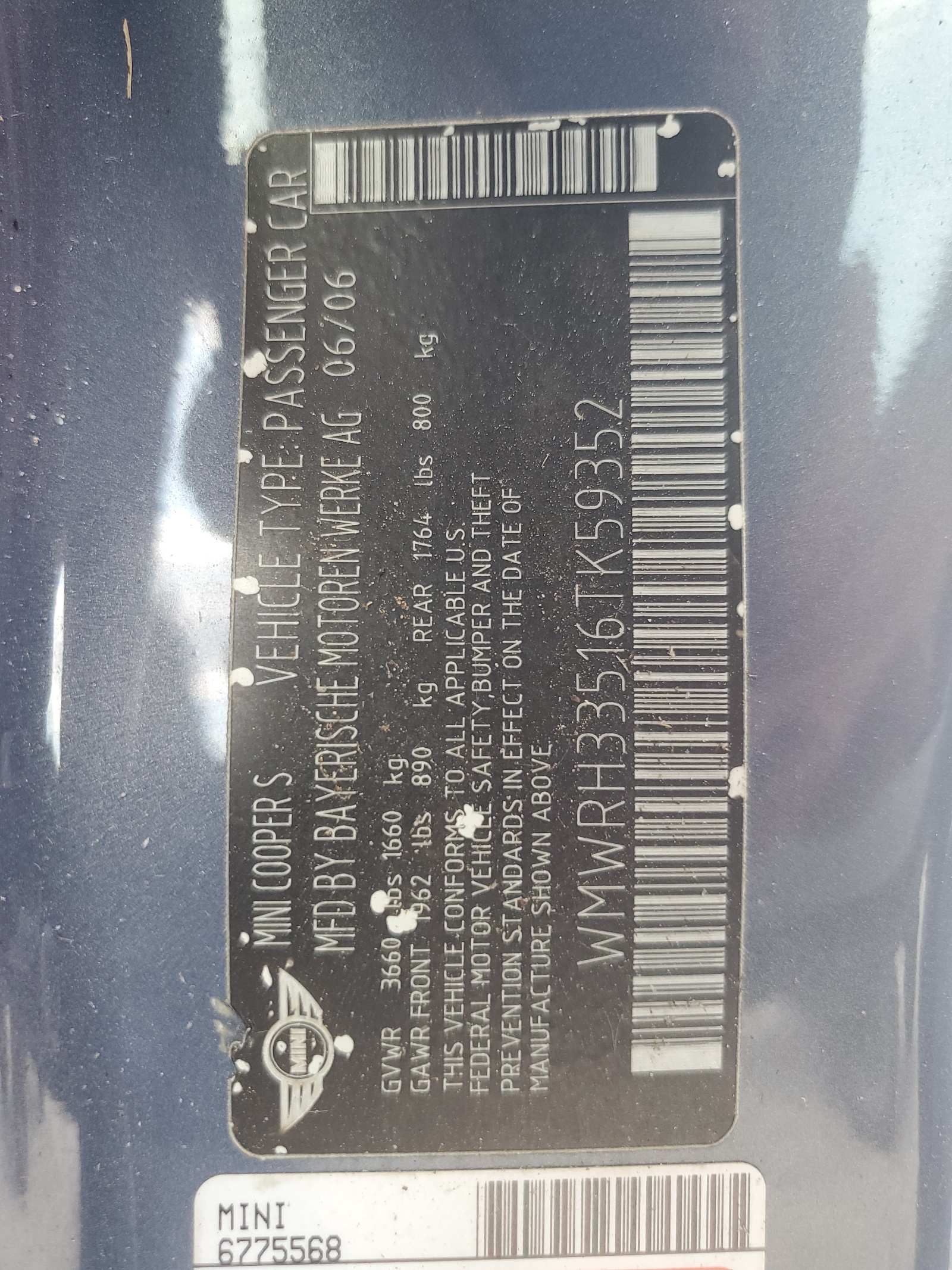 WMWRH33516TK59352 2006 Mini Cooper S