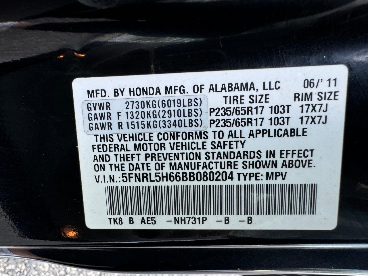 5FNRL5H66BB080204 2011 Honda Odyssey Exl