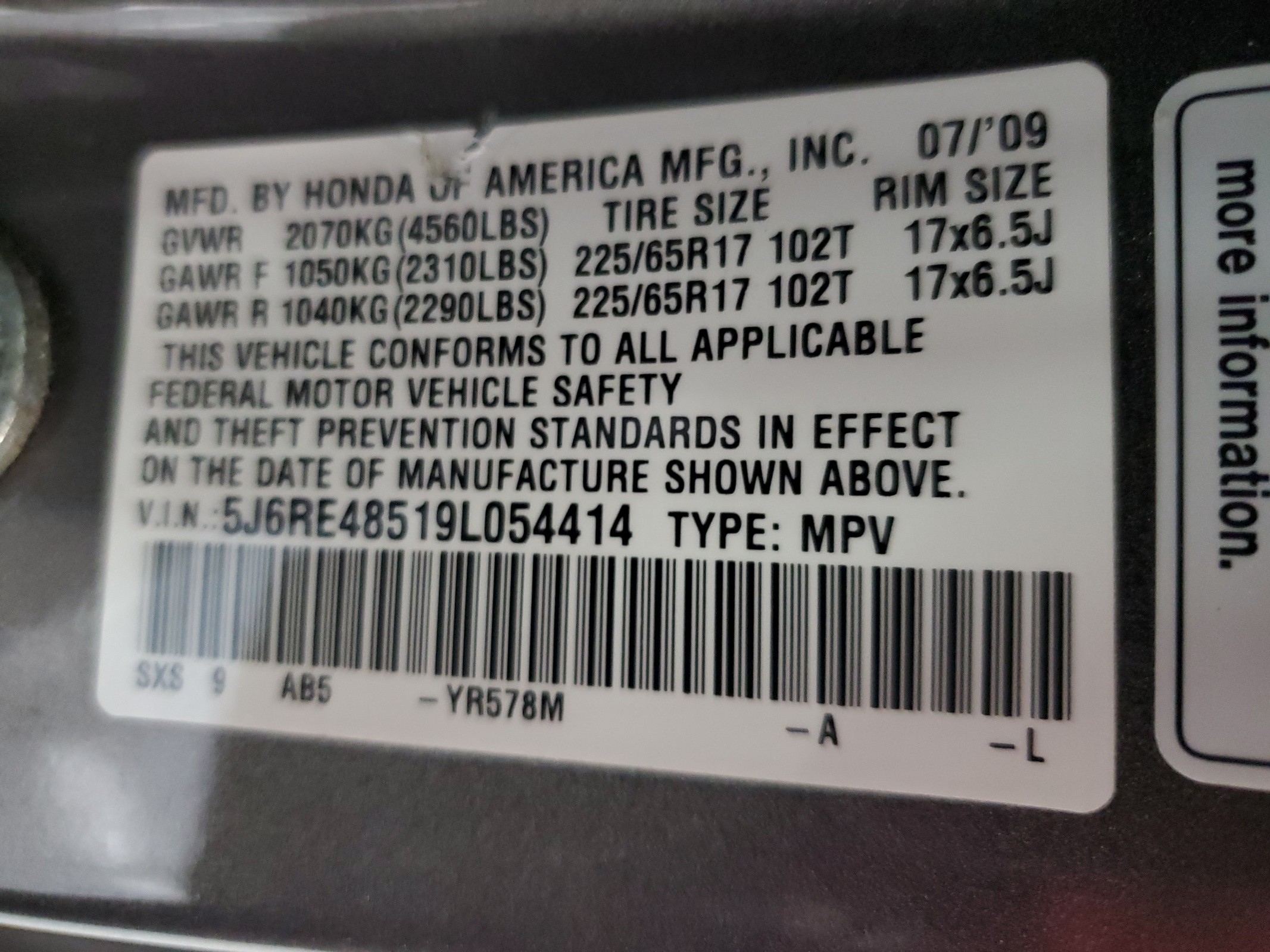 5J6RE48519L054414 2009 Honda Cr-V Ex