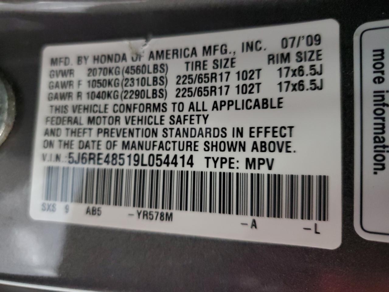 2009 Honda Cr-V Ex VIN: 5J6RE48519L054414 Lot: 66732154