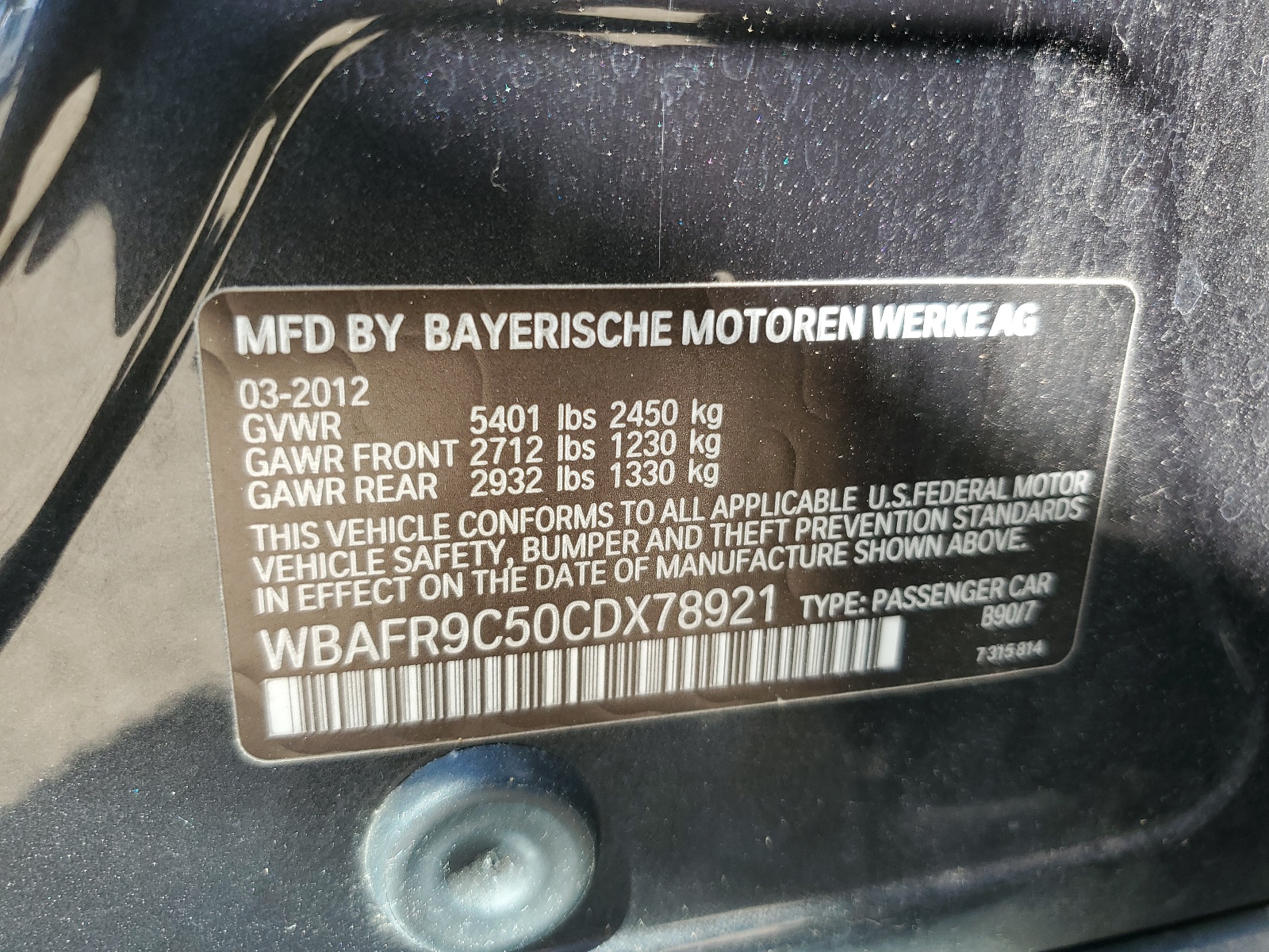 WBAFR9C50CDX78921 2012 BMW 550 I