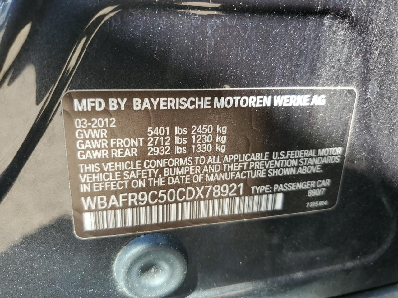 2012 BMW 550 I VIN: WBAFR9C50CDX78921 Lot: 65754894