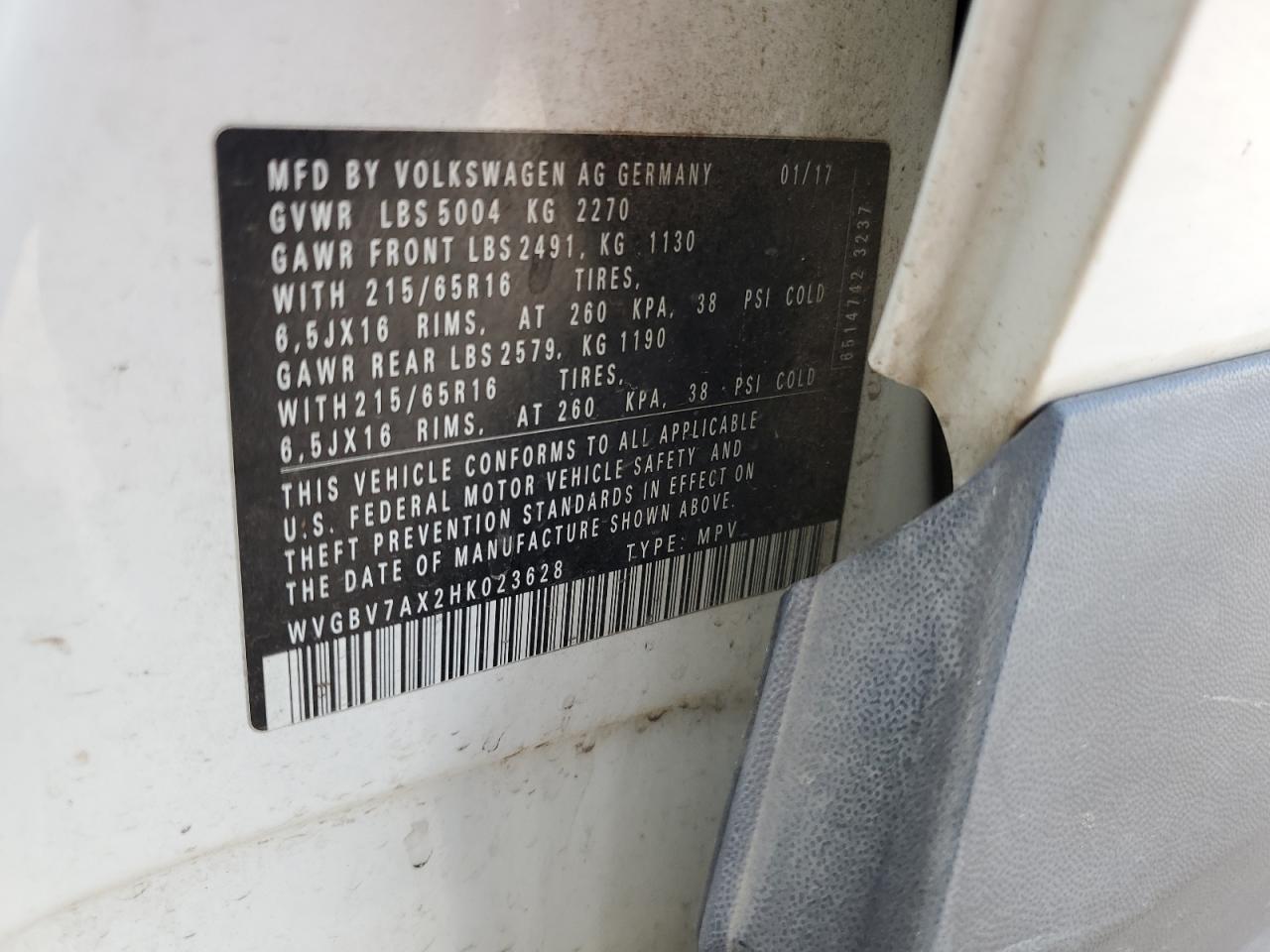 2017 Volkswagen Tiguan S VIN: WVGBV7AX2HK023628 Lot: 67059544