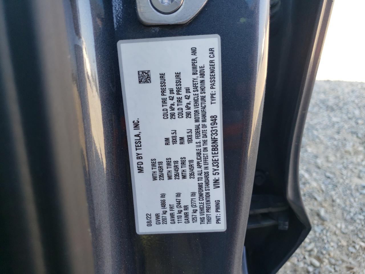 2022 Tesla Model 3 VIN: 5YJ3E1EB8NF331948 Lot: 67538004