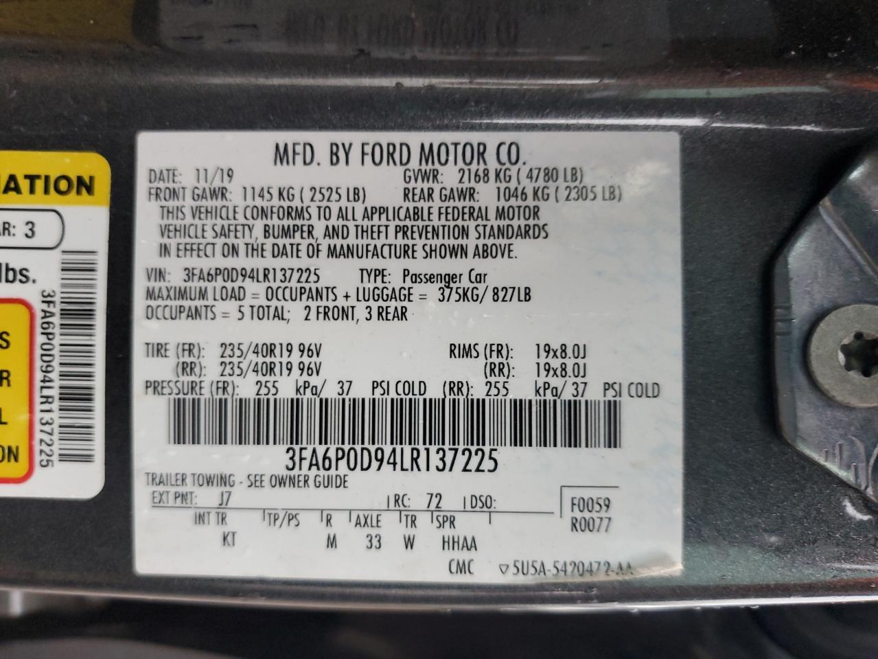 2020 Ford Fusion Titanium VIN: 3FA6P0D94LR137225 Lot: 68256304