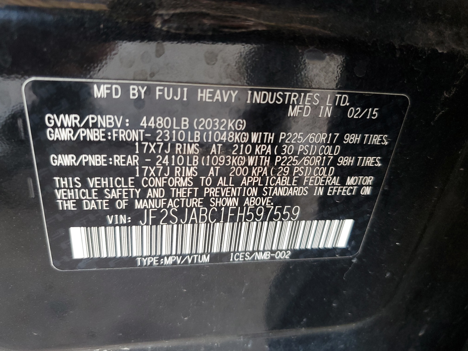 JF2SJABC1FH597559 2015 Subaru Forester 2.5I