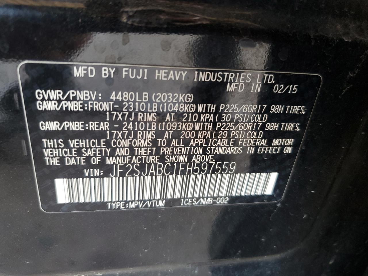 2015 Subaru Forester 2.5I VIN: JF2SJABC1FH597559 Lot: 66152034