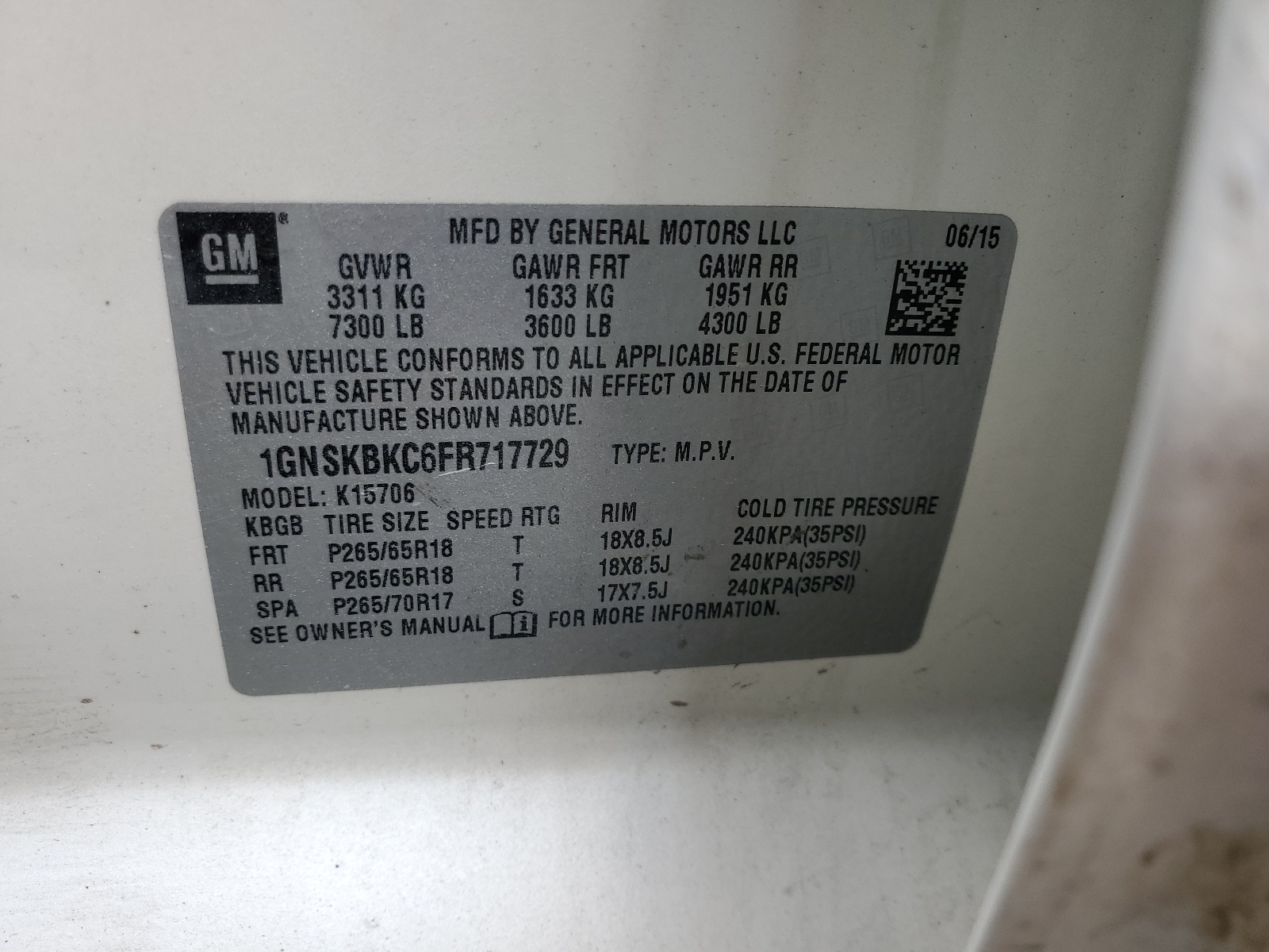 1GNSKBKC6FR717729 2015 Chevrolet Tahoe K1500 Lt