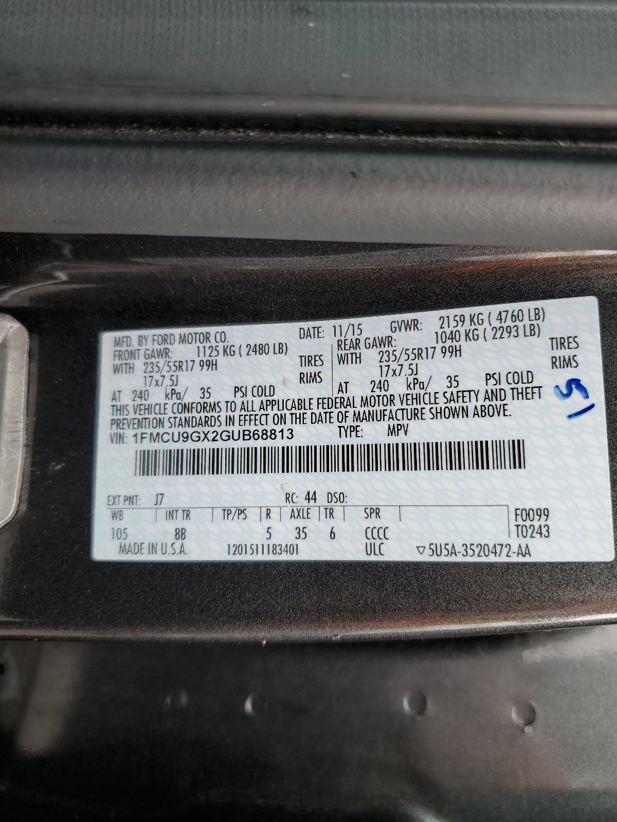 1FMCU9GX2GUB68813 2016 Ford Escape Se