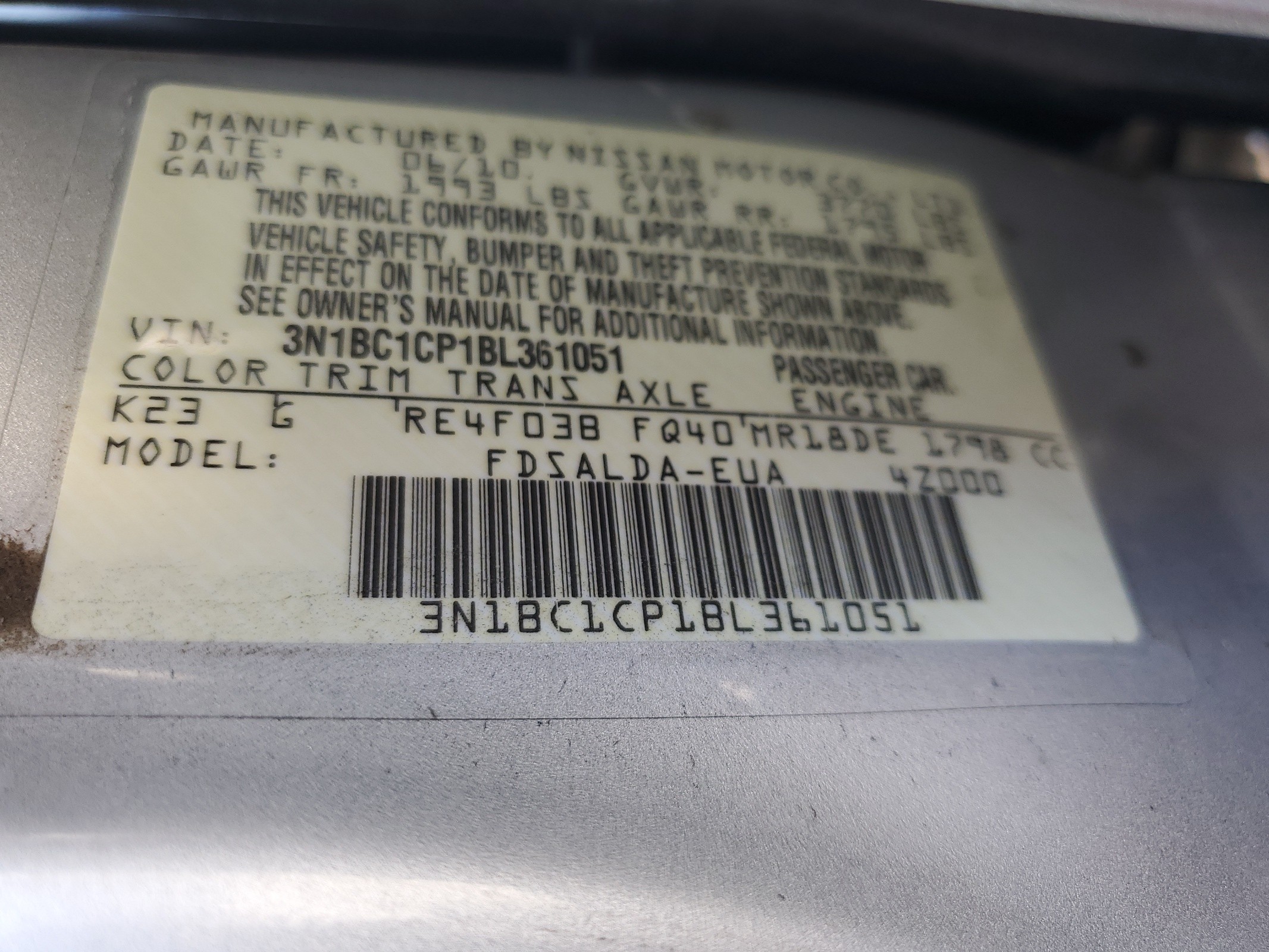 3N1BC1CP1BL361051 2011 Nissan Versa S