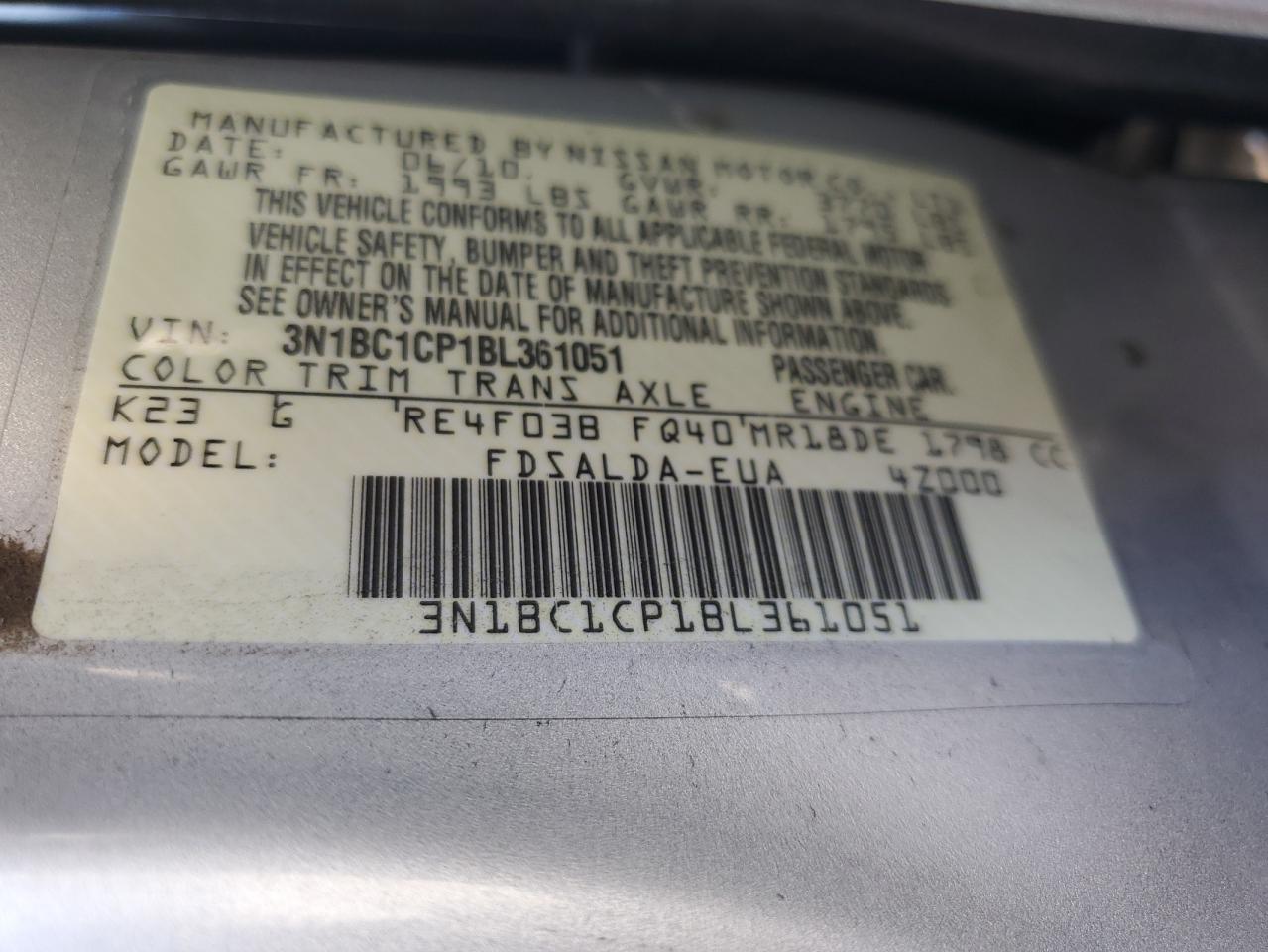 2011 Nissan Versa S VIN: 3N1BC1CP1BL361051 Lot: 66370854