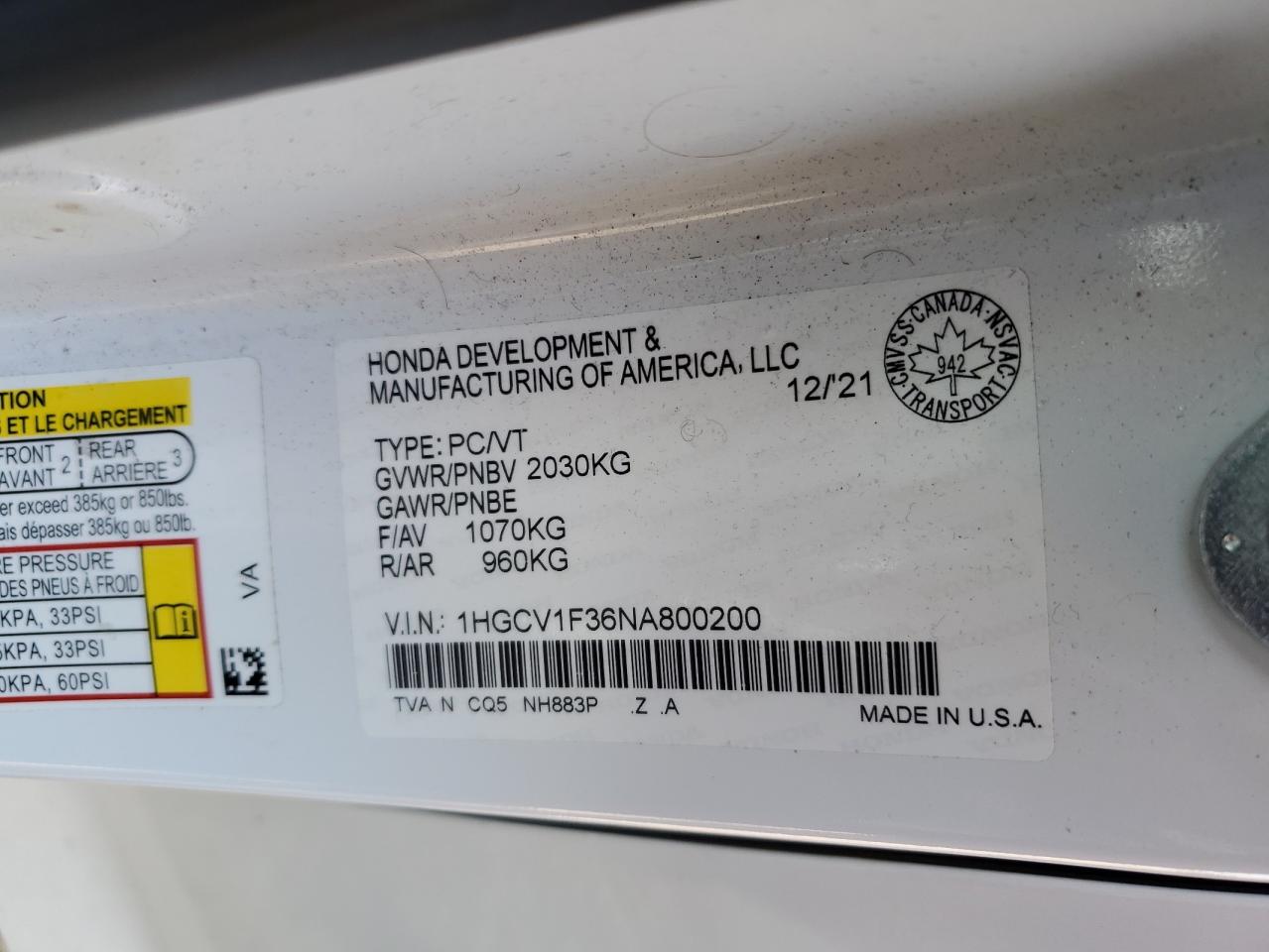 2022 Honda Accord Sport VIN: 1HGCV1F36NA800200 Lot: 66765734