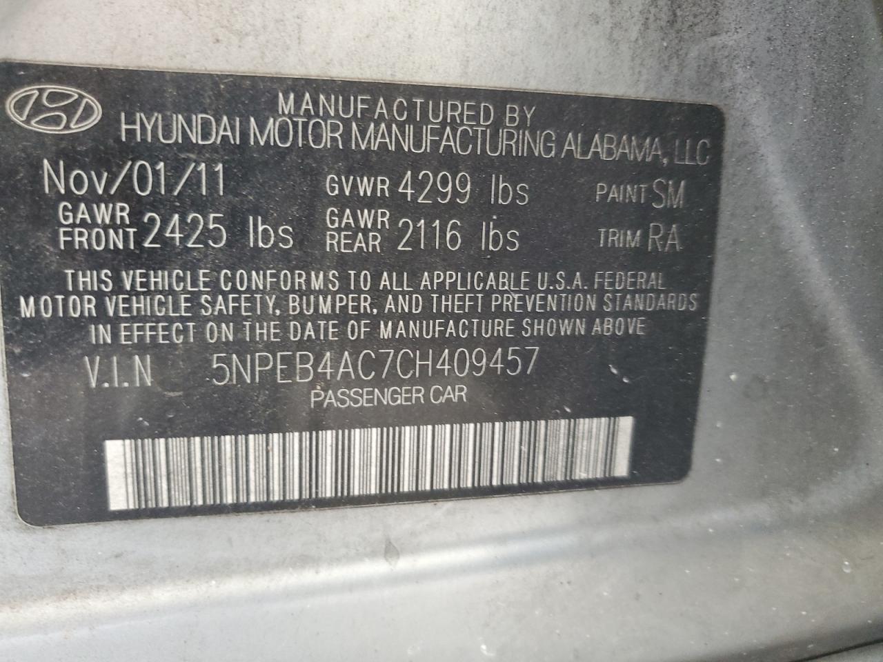 5NPEB4AC7CH409457 2012 Hyundai Sonata Gls