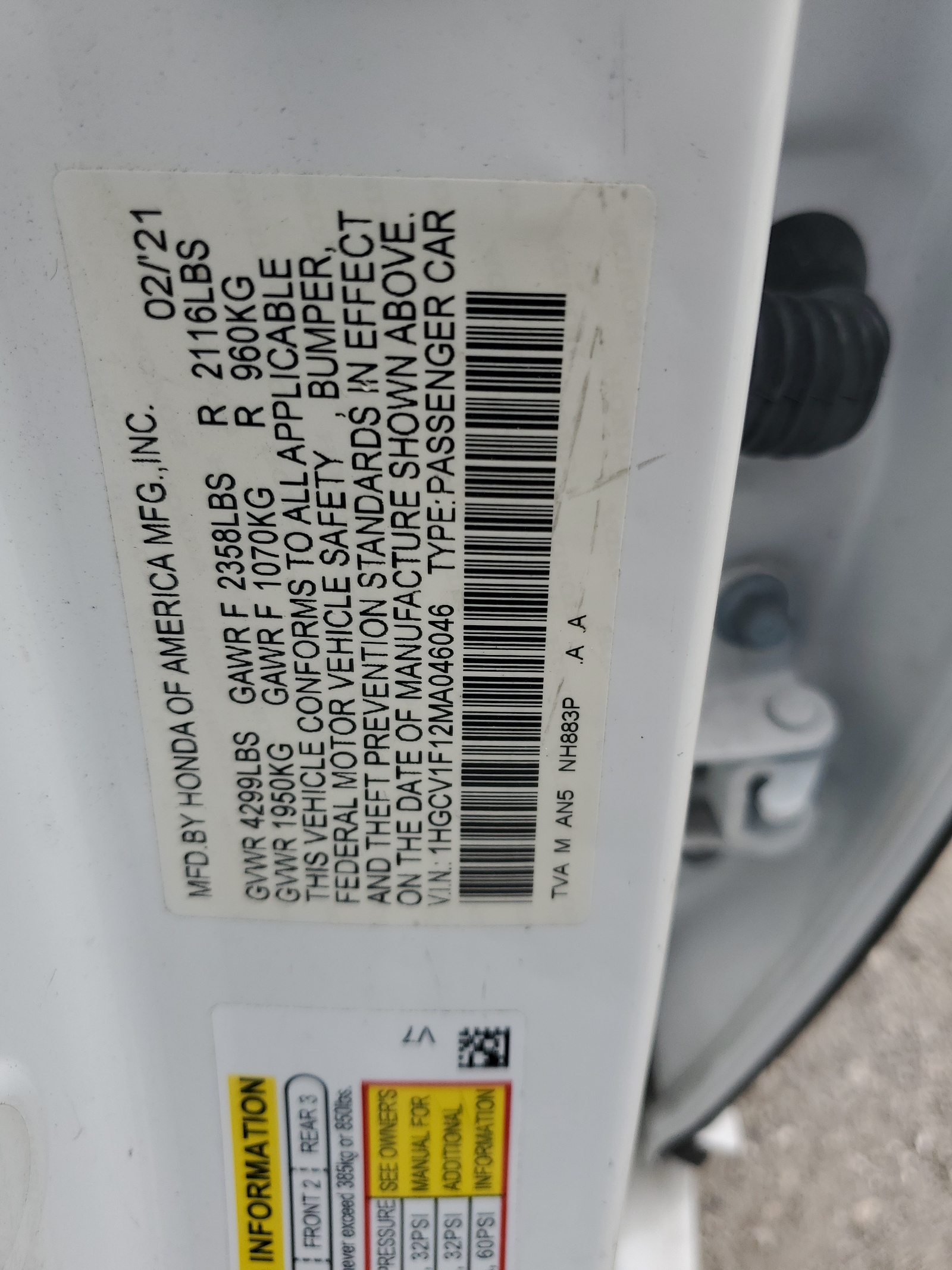 1HGCV1F12MA046046 2021 Honda Accord Lx