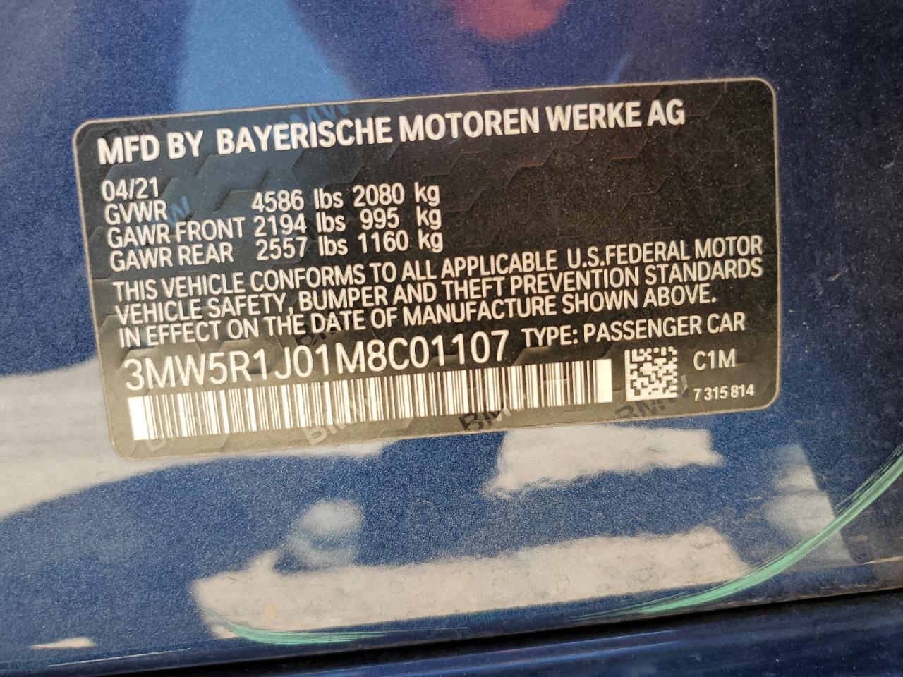 2021 BMW 330I VIN: 3MW5R1J01M8C01107 Lot: 67756504