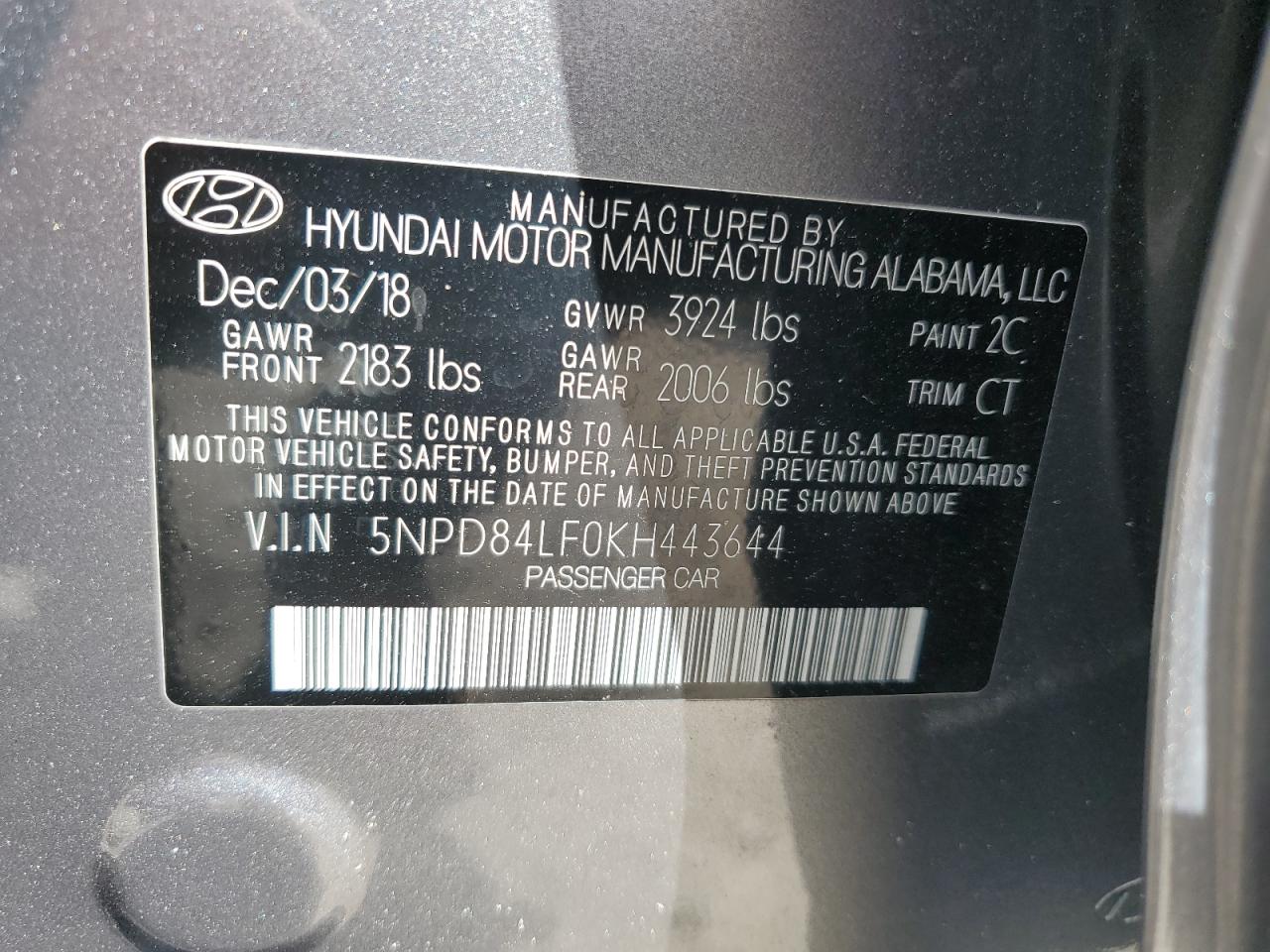 5NPD84LF0KH443644 2019 Hyundai Elantra Sel