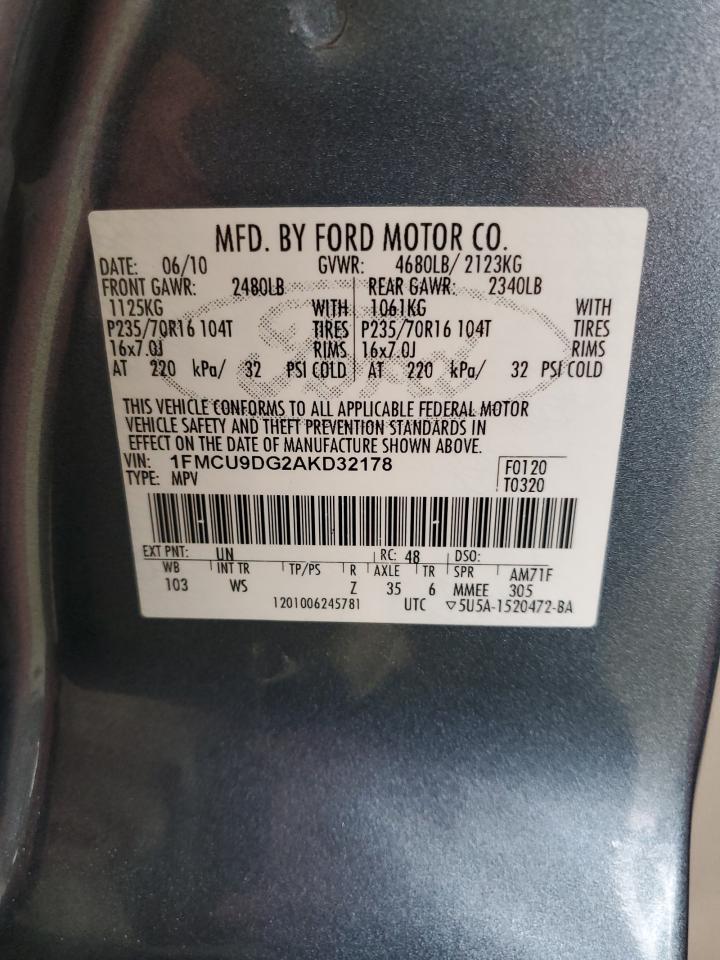 2010 Ford Escape Xlt VIN: 1FMCU9DG2AKD32178 Lot: 66057144