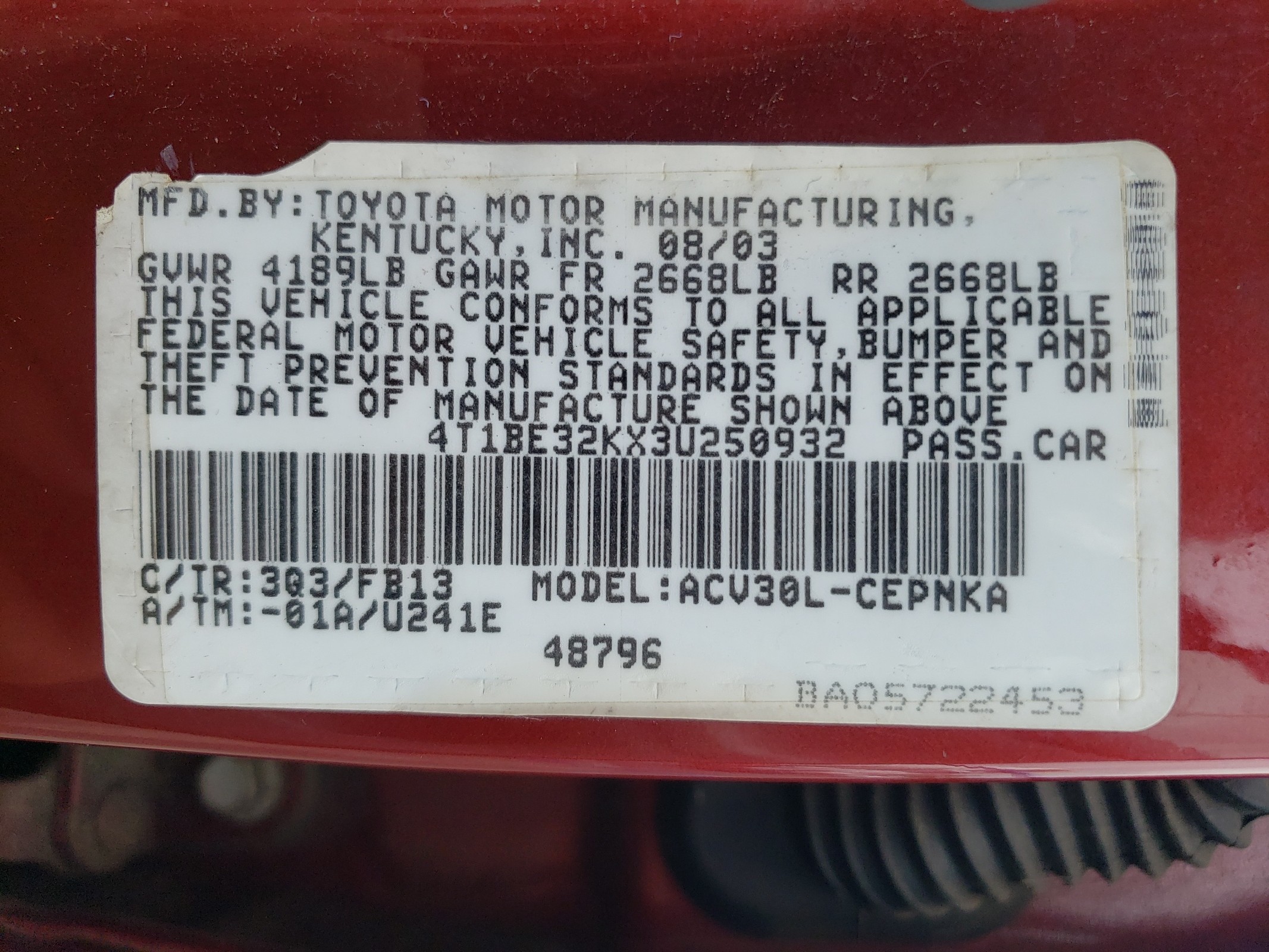 4T1BE32KX3U250932 2003 Toyota Camry Le