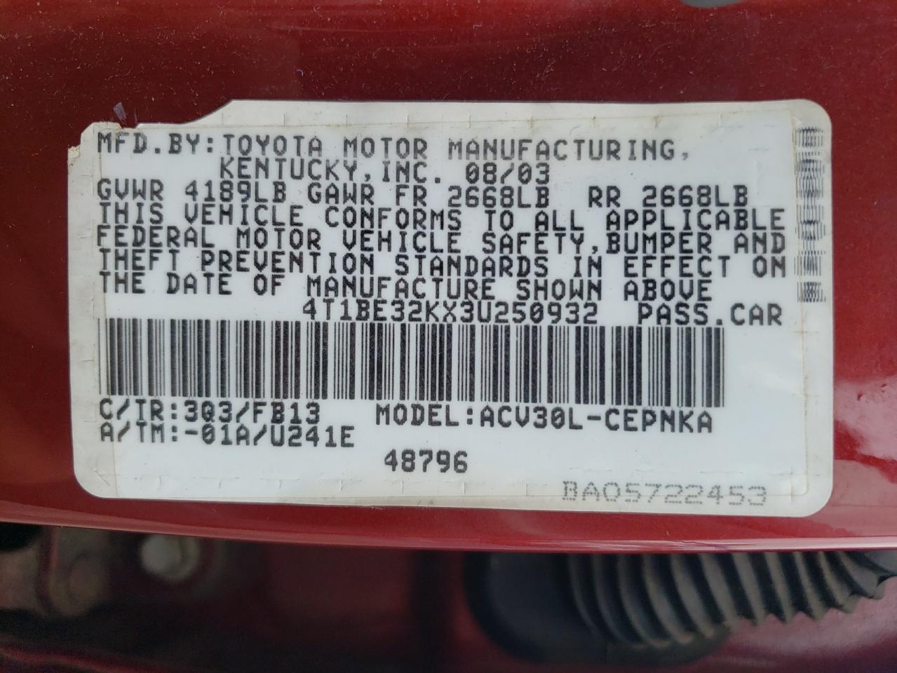 2003 Toyota Camry Le VIN: 4T1BE32KX3U250932 Lot: 66629434