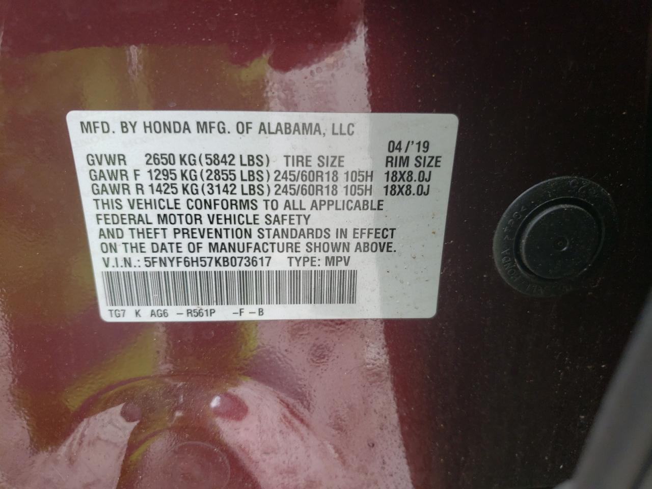 2019 Honda Pilot Exl VIN: 5FNYF6H57KB073617 Lot: 66296464