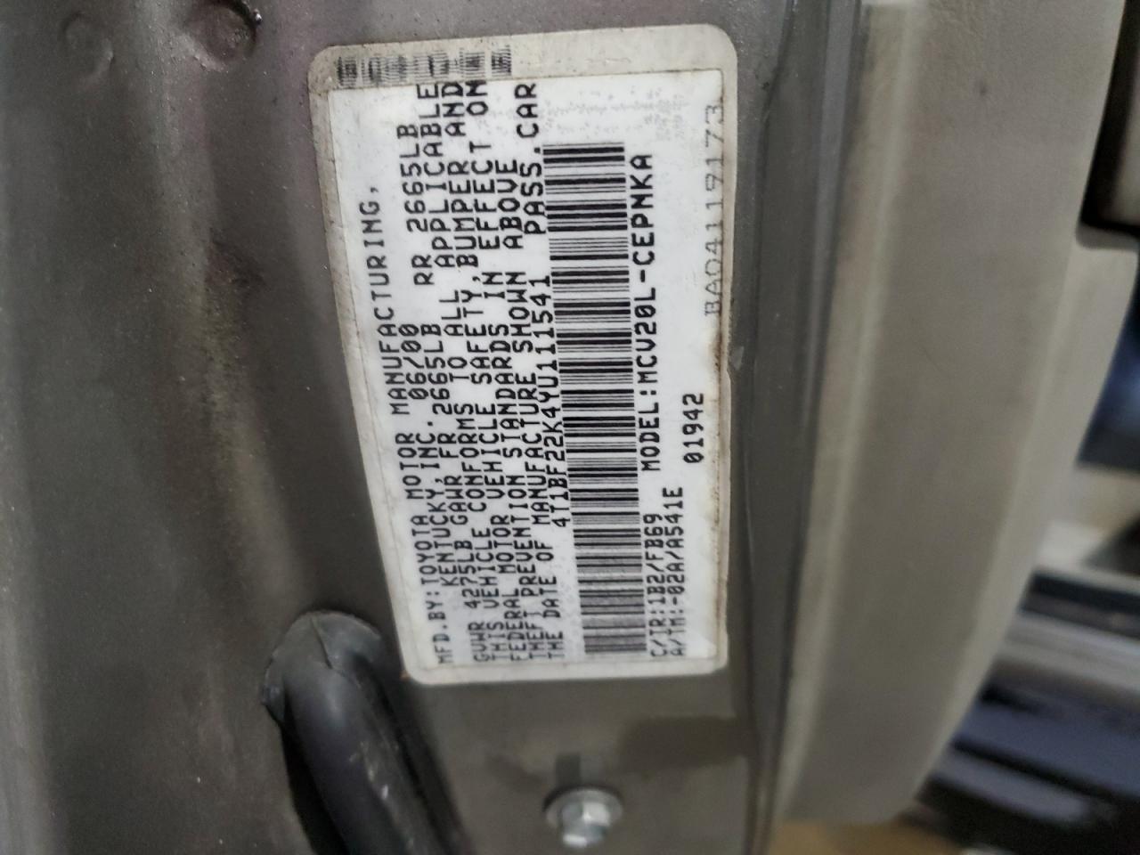 2000 Toyota Camry Le VIN: 4T1BF22K4YU111541 Lot: 66784874